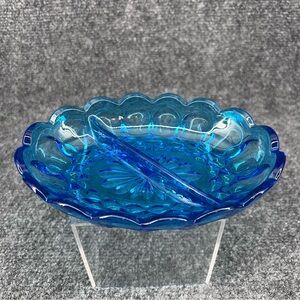 Anchor Hocking Fairfield Laser Blue Glass Divided Relish Dish 5” x 7” VTG